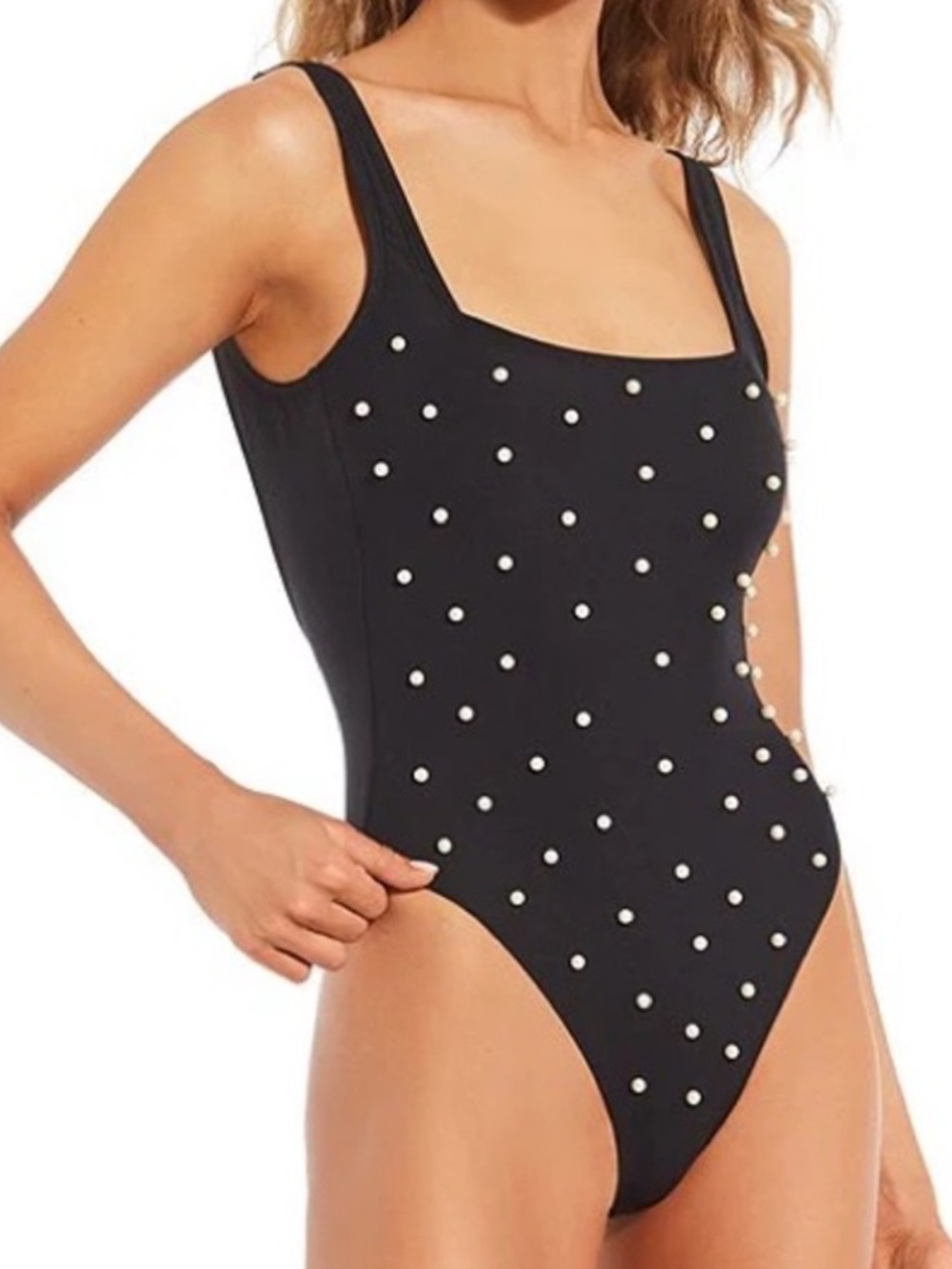 Antonio Melani Solid Pearl Embellished Square Neck Low Back One Piece Swimsuit